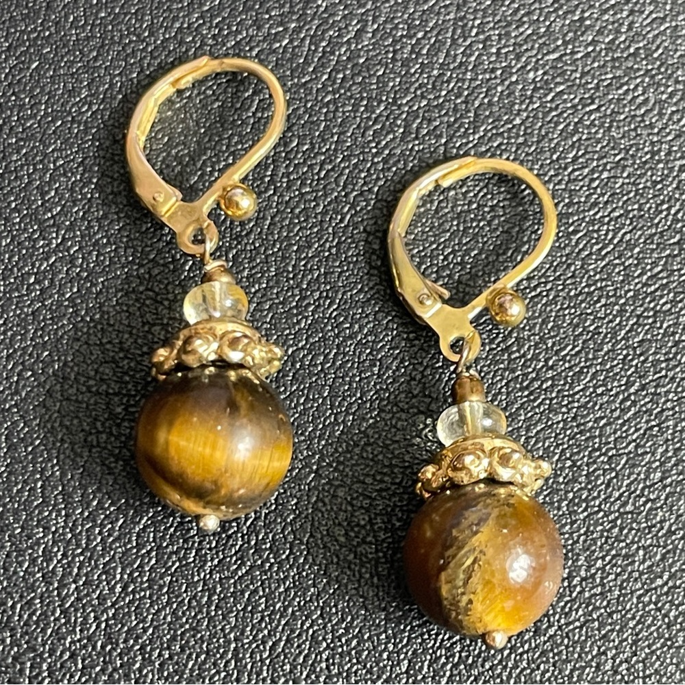 Pair Tiger Eye‎ Elegant Leverback Dangle Drop Earrings in Gold Tone